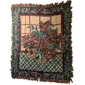 Christmas Poinsettia Throw Blanket Tapestry Triple Weave Accent Fringe 50X60 NEW